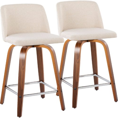 Toriano 24" Swivel Counter Stool in Walnut Wood & Cream Noise Fabric with Chrome Footrest (Set of 2)